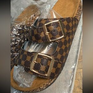 Brown Patterned Sandals with Gold Buckles